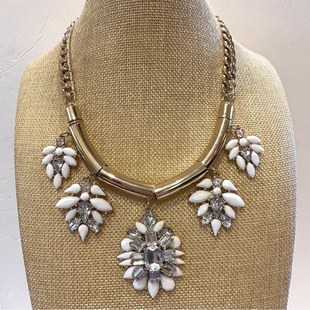 New Chico’s Statement Necklace- gold tone w/ white & clear rhinestone clusters